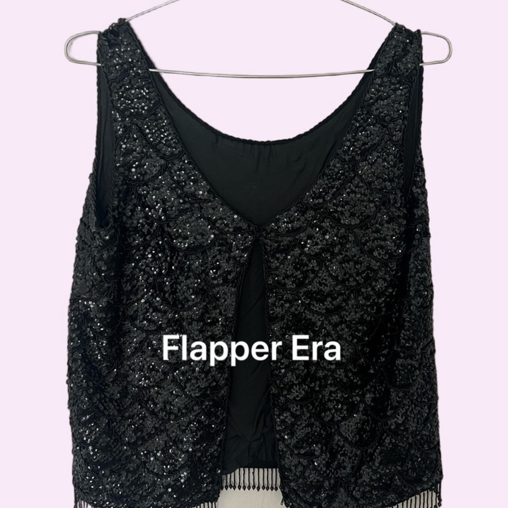 Vintage Flapper-Inspired Black Sequin Top with Fringe